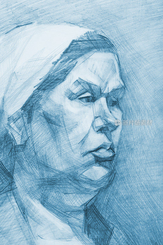 插图铅笔画肖像老妇人在一个白色披肩在她的头在蓝色铅笔遮光纸的背景