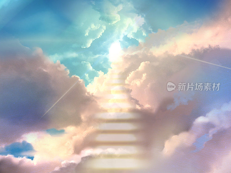 一个神秘的云楼梯通向天堂和神圣的光从天堂照耀的插图