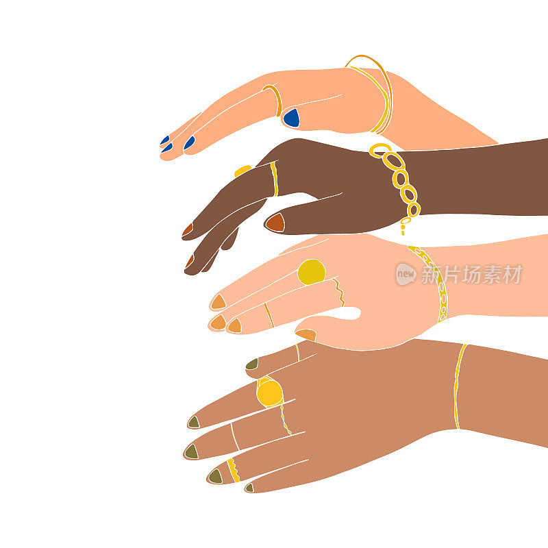 多种族妇女手上戴着黄金首饰。
