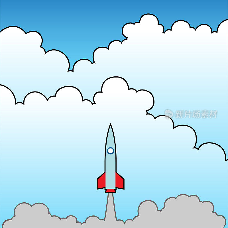 卡通火箭发射并飞向云端