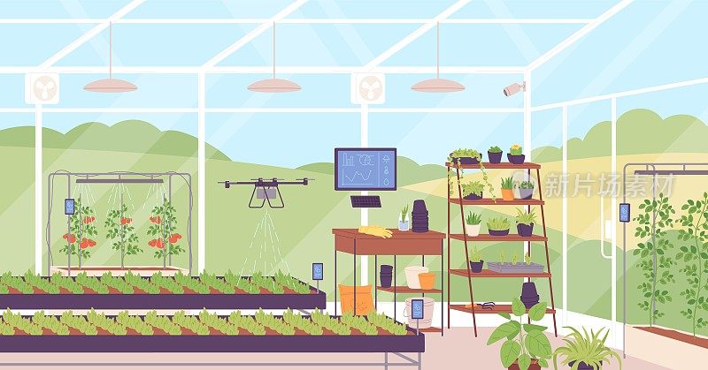 温室的未来。创新农业产业智能种植室内植物，无人机灌溉物联网移动应用监控和农场控制，花哨的矢量插图
