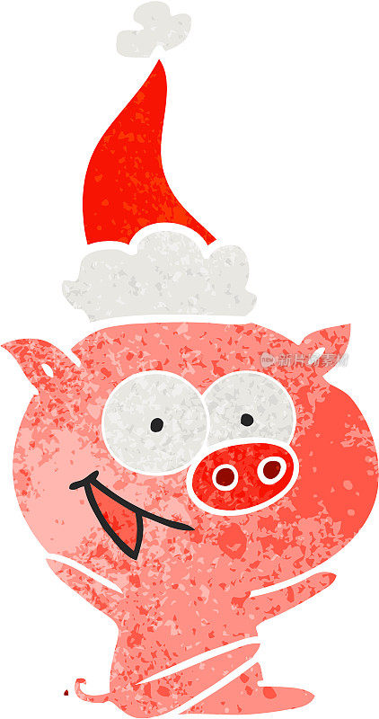 欢快的坐猪手画复古卡通戴着圣诞老人的帽子