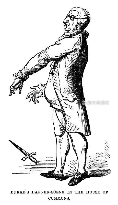 伯克和匕首在英国议会的场景，滑稽剧，戏仿，政治讽刺，18世纪，打趣幽默，漫画，漫画，漫画