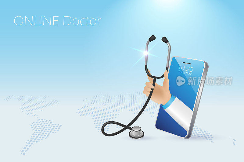 在线医生、虚拟医院和远程医疗。医生手持听诊器从智能手机诊断和与远程位置的病人沟通。医疗卫生创新技术。