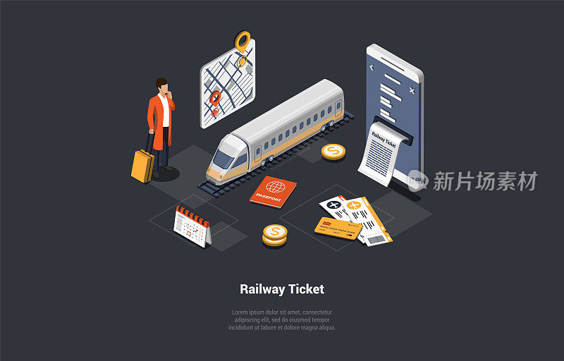 网上购票手机App，乘火车旅行概念。男子乘客买票和旅行。在有火车和站台的铁路上的人物。等距三维矢量插图