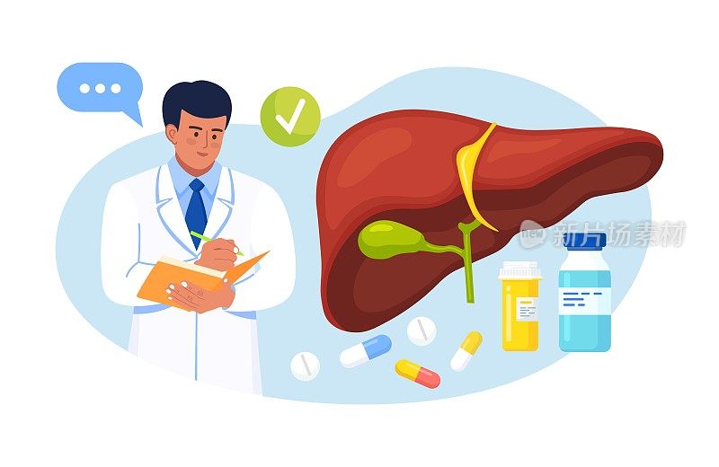 医生检查人类肝脏是否有肝炎，癌症，肝硬化。医生写肝脏检查结果。内脏器官的医学检验研究、诊断和治疗
