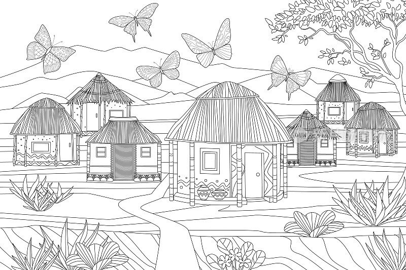 非洲乡村景观与传统小屋，为您的涂色书