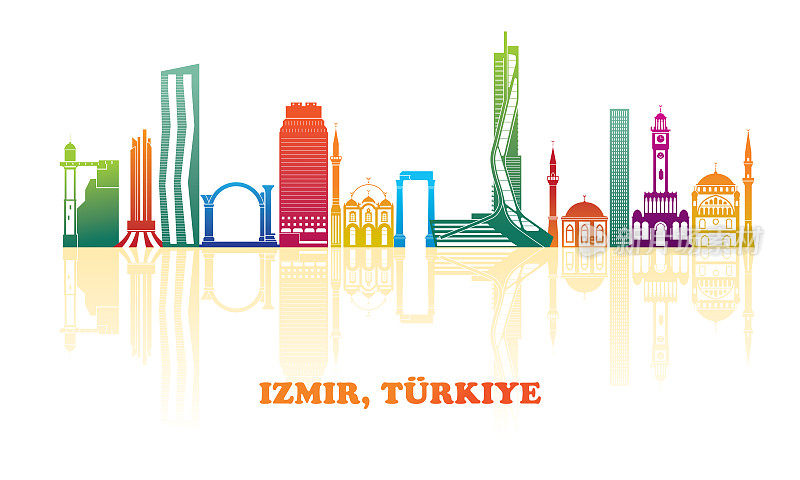 土耳其伊兹密尔市色彩斑斓的天际线全景