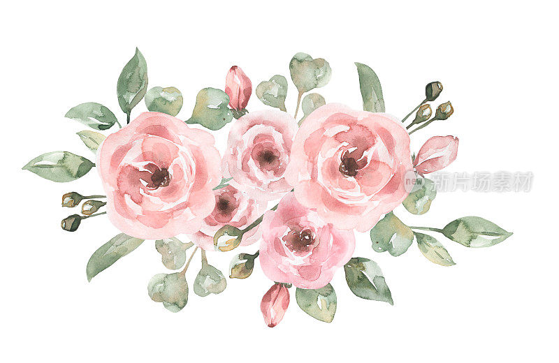 水彩画精致的牡丹花束剪纸，粉色花园花边界插画，花装饰，玫瑰剪辑艺术。婚礼请柬，婴儿送礼会，卡片制作