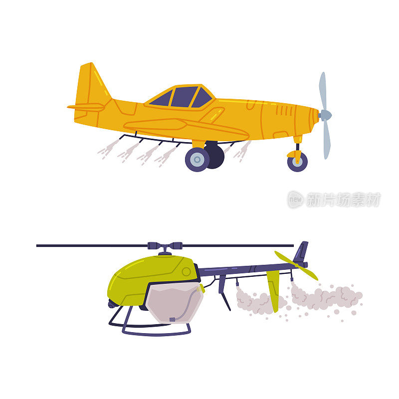 农用飞机。直升机和双翼飞机的农业和农业工业平面矢量插图