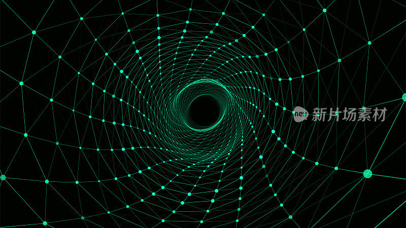 摘要绿色背景下动态线框隧道。深波虫洞。未来的粒子流。矢量插图。