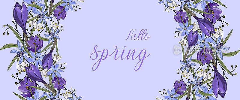 你好春天蓝色横幅花环涂鸦花，番红花和雪花莲手绘。
