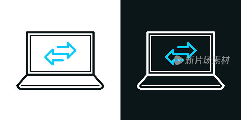 用笔记本电脑转移。黑色或白色背景上的双色线图标-可编辑的笔画
