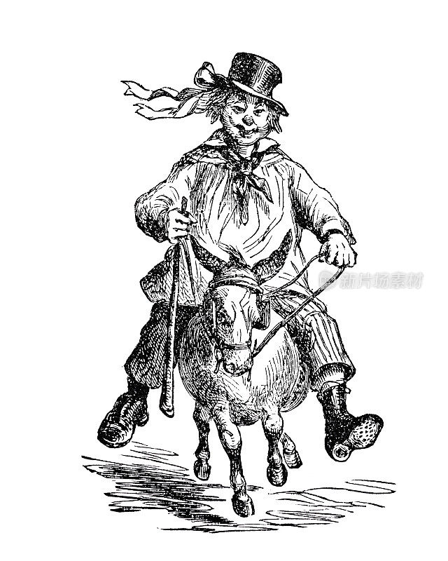 大男人骑着一匹小马，戴着傻瓜帽，正面，在白色背景上剪出来