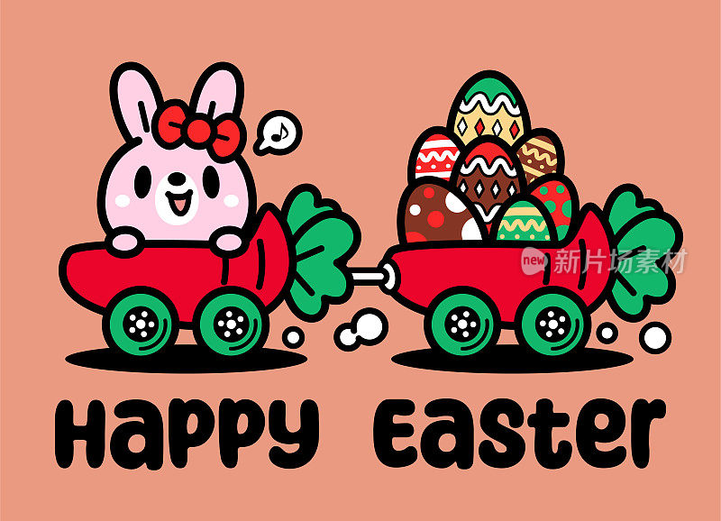 可爱的复活节兔子开着胡萝卜车拉着装满复活节彩蛋的手推车