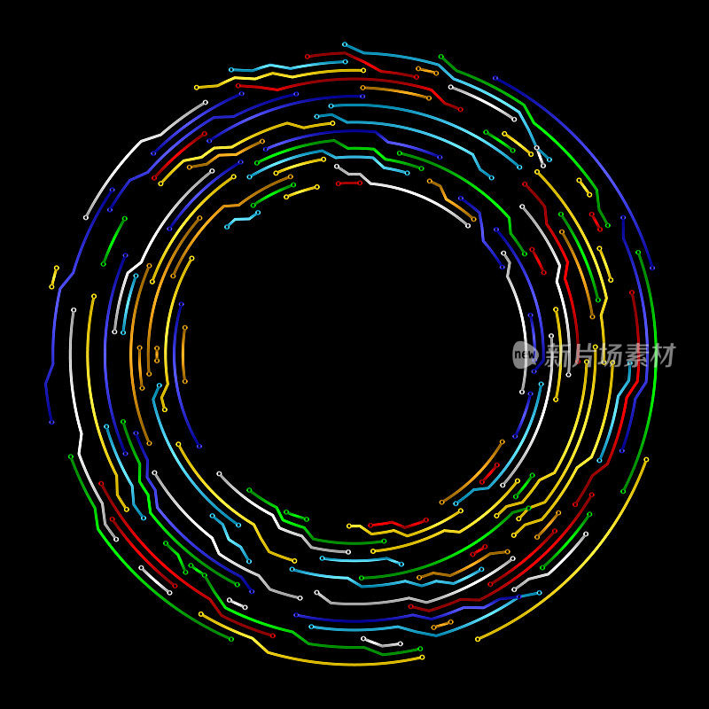 多色电路板风格抽象圆形电子背景图案。