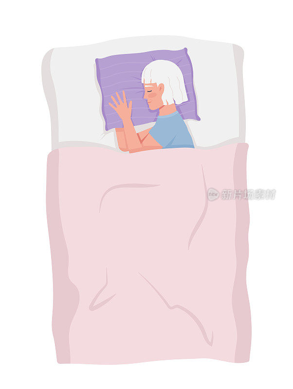 老年妇女舒舒服服地躺在床上半平躺色矢量