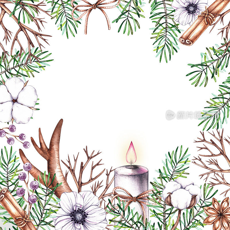 水彩圣诞框架与号角，蜡烛，海葵，松针，棉花
