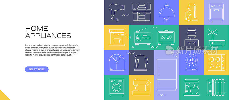 家用电器网络横幅与线性图标，新潮的线性风格矢量
