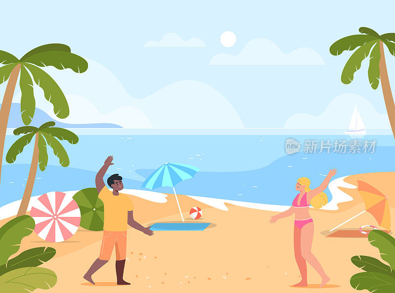 快乐的跨种族夫妇问候海滩矢量插图