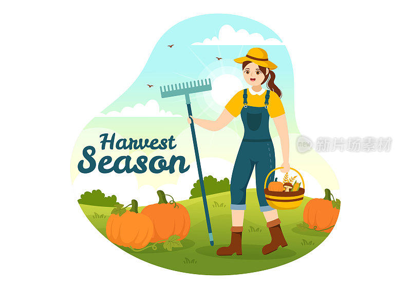 收获季节矢量插图与南瓜和季节性农业的秋天在一个农场在平面卡通手绘背景模板