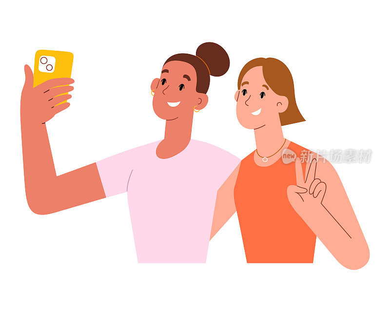 两个女性朋友自拍，年轻女性微笑，拥抱，一起用智能手机自拍，矢量插图