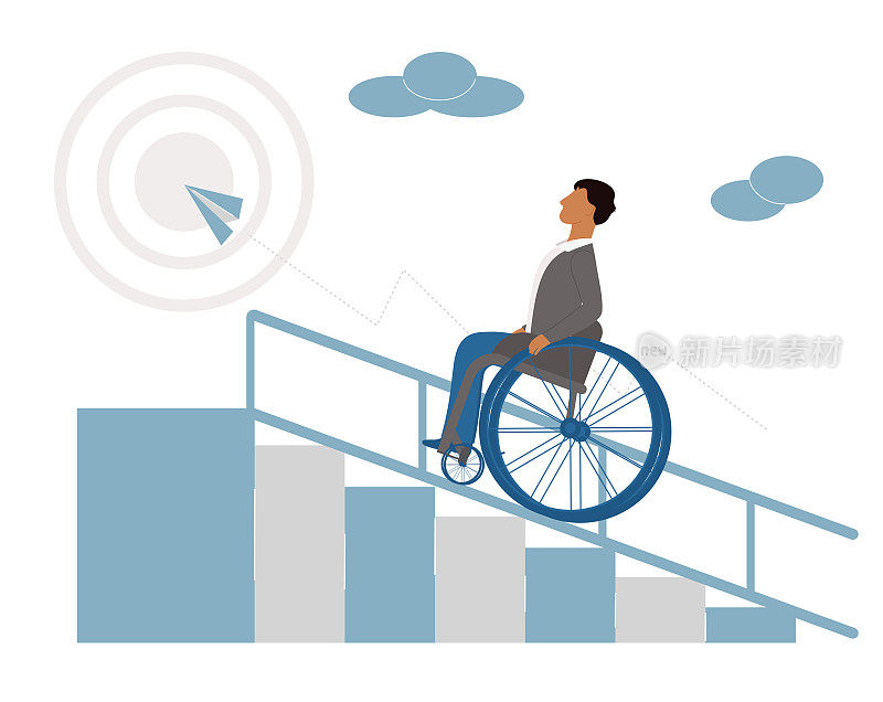 一个坐轮椅的人在事业阶梯上步步高升。残疾人的职业发展。世界残疾日。