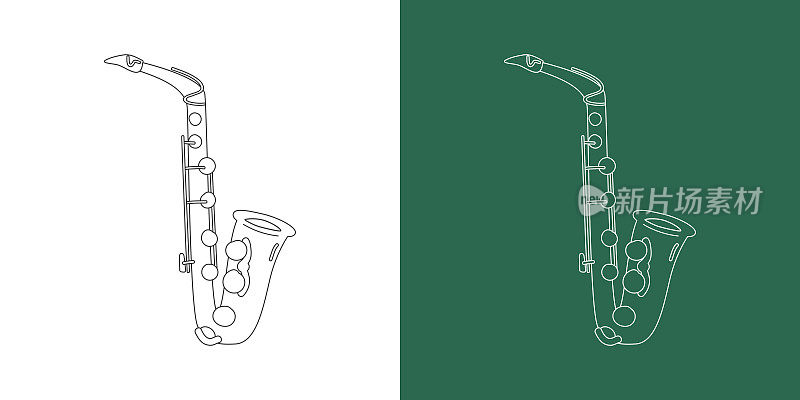 中音萨克斯管线条画卡通风格。铜管乐器中音萨克斯管剪贴画在线性风格孤立的白色和黑板背景。音乐管乐器剪贴画概念矢量