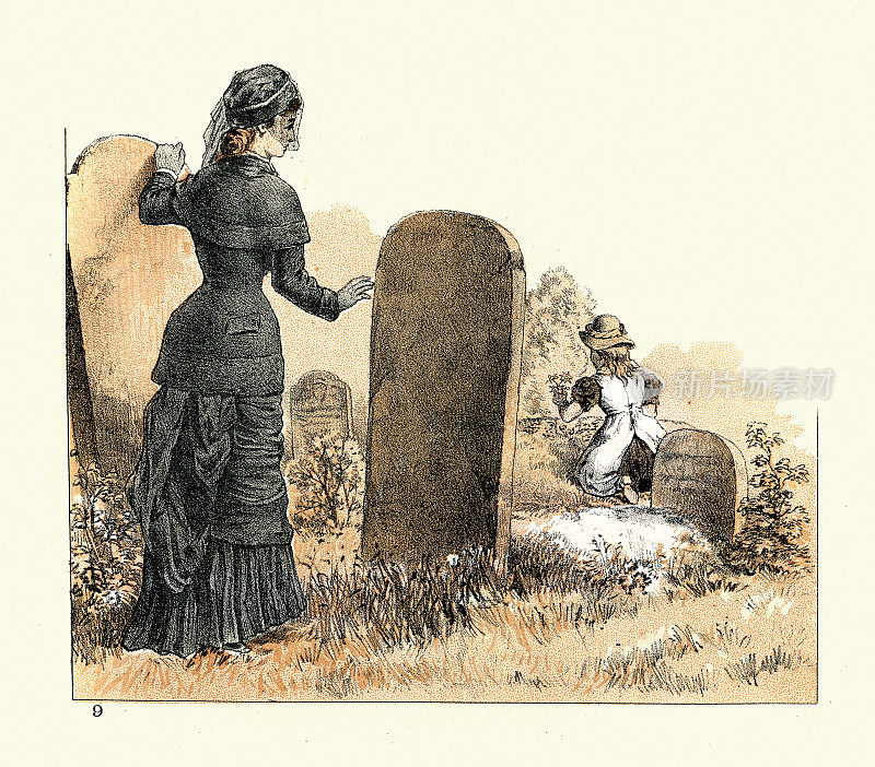 19世纪，19世纪80年代，维多利亚时代的死亡，小女孩在一个孩子的坟墓上献花，母亲看着她穿丧服