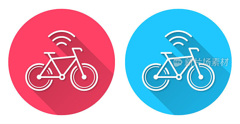 连接的自行车。圆形图标与长阴影在红色或蓝色的背景