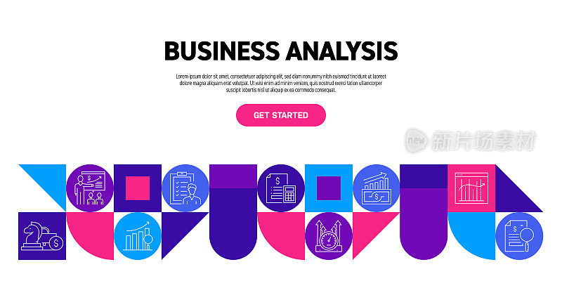 业务分析相关的网络横幅矢量与线图标。商务、分析、数据、战略、会议、报告。