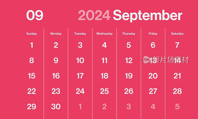 2024年9月-月历。极简风格的景观水平日历2024年。向量模板。一周从周日开始