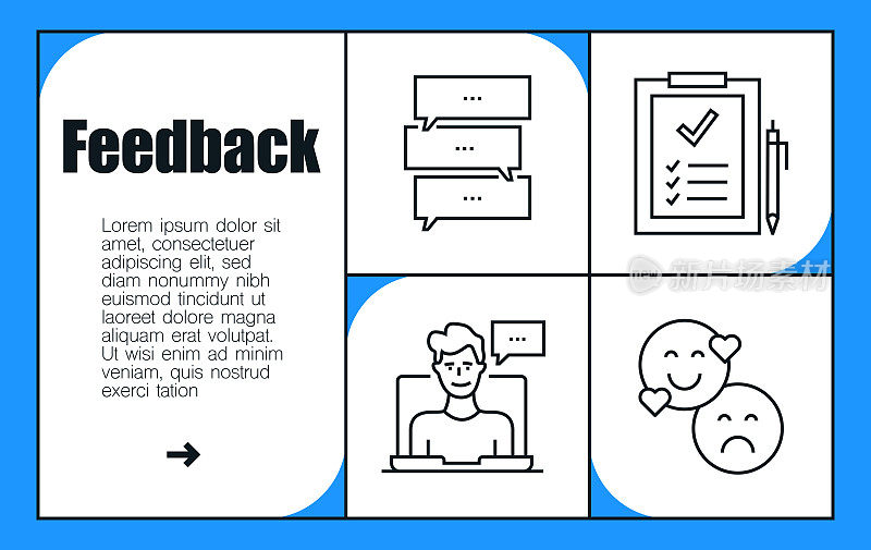 反馈线图标集和横幅设计。推荐，调查，评论，意见，反馈，满意度