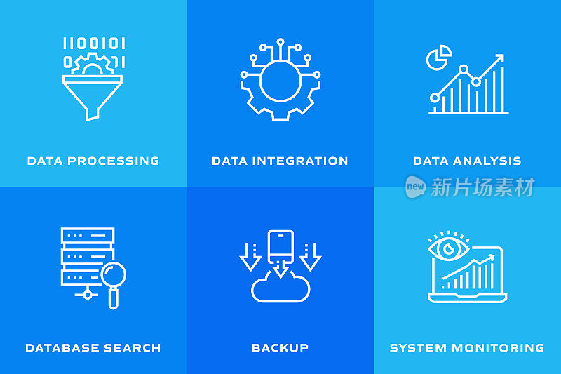 大数据相关的矢量细线图标。轮廓符号集合