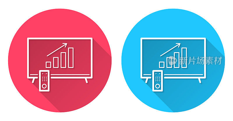 电视上的生长图表。圆形图标与长阴影在红色或蓝色的背景