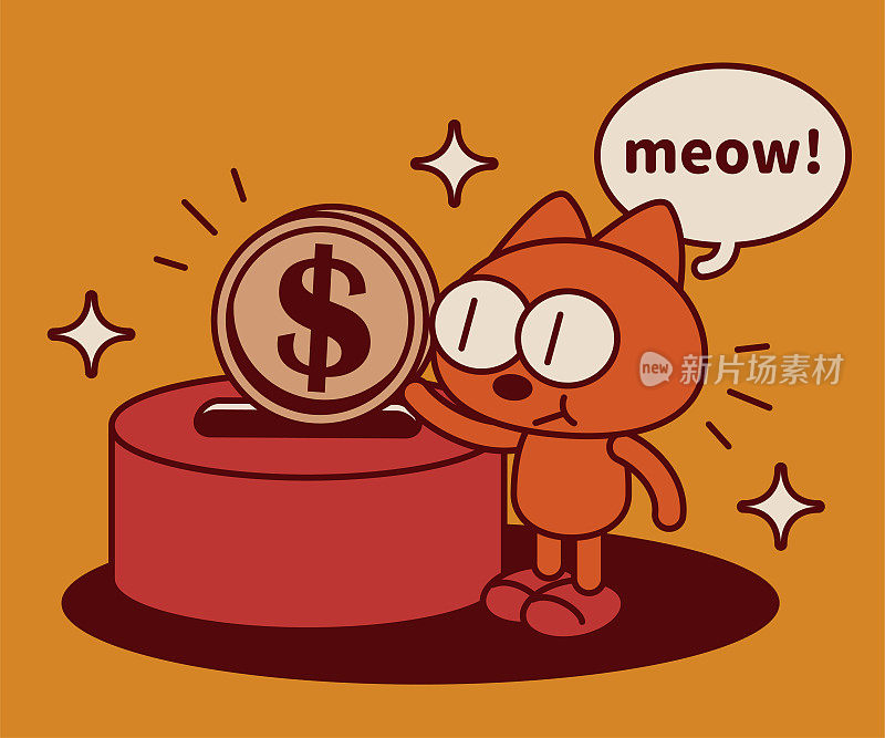 一只古怪可爱的小猫把钱放进硬币银行或捐款箱