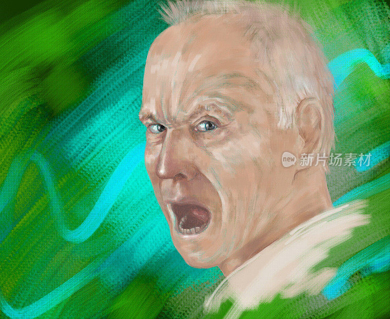 插图油画肖像脸尖叫男子与灰色短发在绿色背景