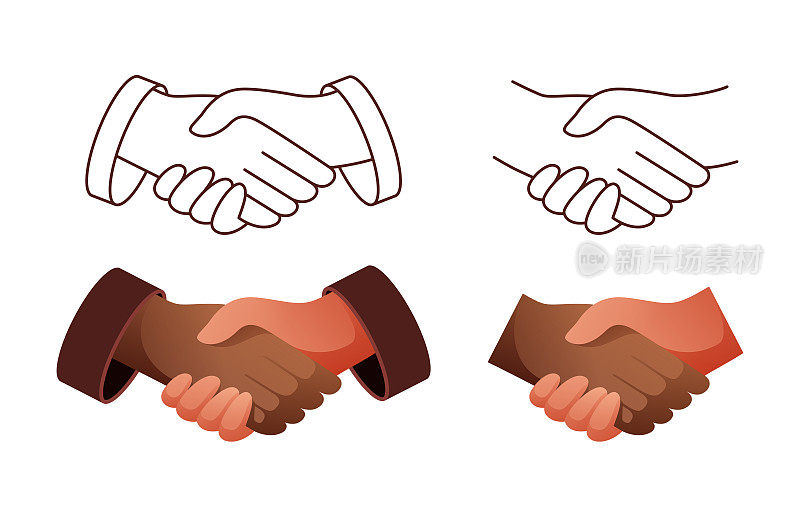 握手，团队合作，协议，会议，团队，焦点小组，机会，伙伴关系，组织，祝贺，问候，手绘矢量涂鸦线图标。