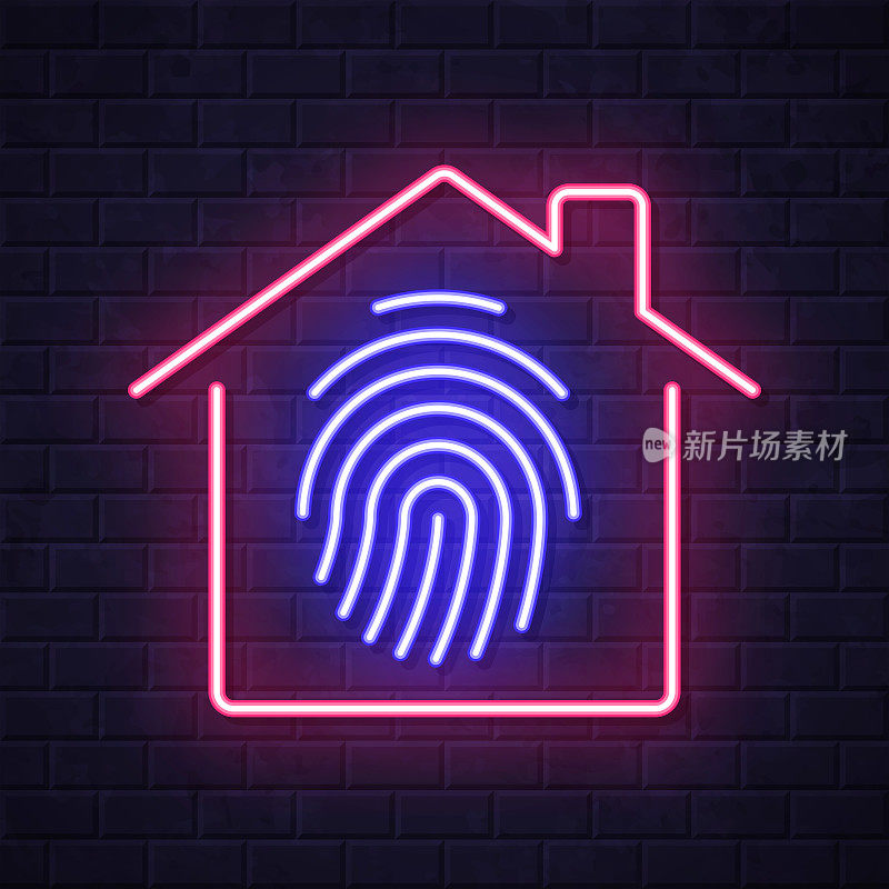 家庭安全-有指纹的房子。在砖墙背景上发光的霓虹灯图标