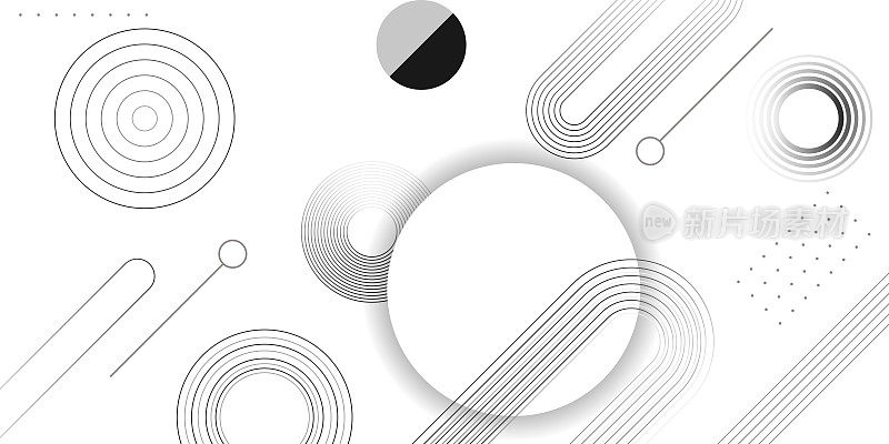 现代黑白曲线液体背景与几何圆形形状元素设计