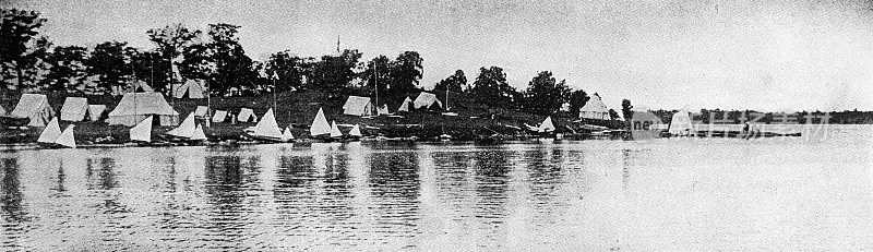 1889年的运动和消遣:独木舟在磨石岛的德莱尼角的千岛相遇