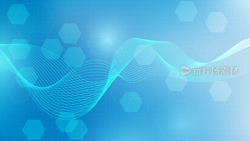抽象的蓝色医学背景与流动的线条和六边形图案
