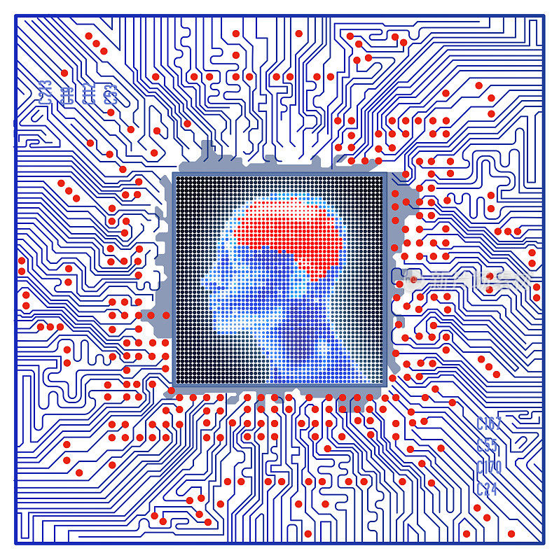 人的头与人工智能电路板在白底插图