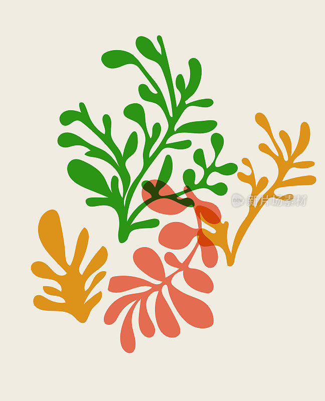 抽象色彩儿童绘画风格极简主义植物叶片图案背景