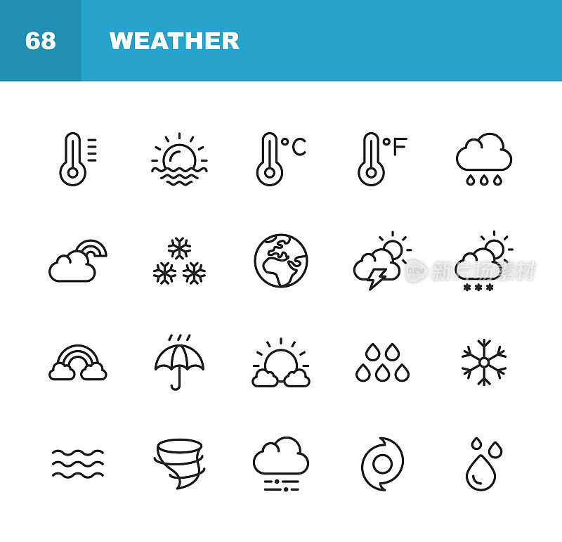 天气图标。可编辑的中风。像素完美。移动和网络。包含天气，太阳，云，雨，雪，温度，气候，月亮，风等图标。