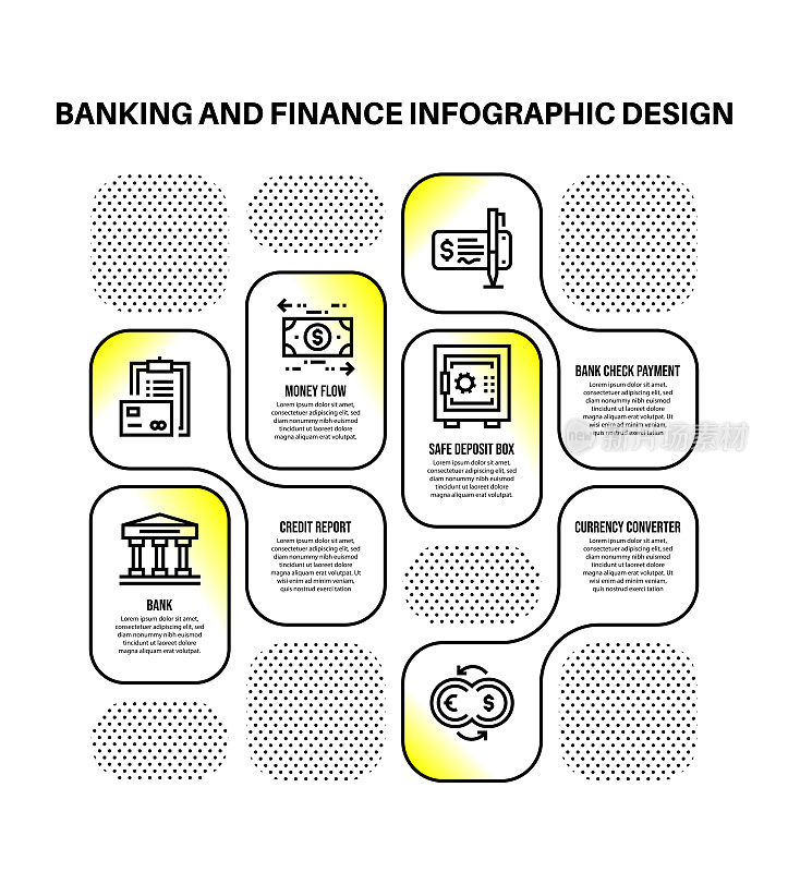 信息图表设计模板与银行和金融关键字和图标