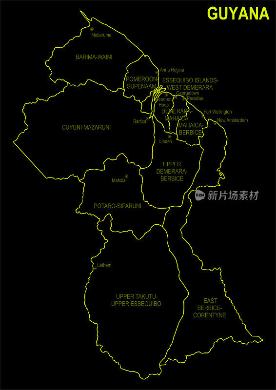 黑色背景下的圭亚那霓虹地图