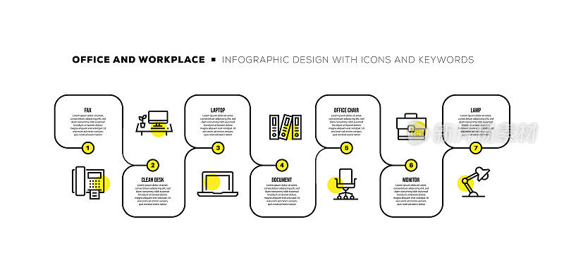 信息图表设计模板与办公室和工作场所的关键字和图标