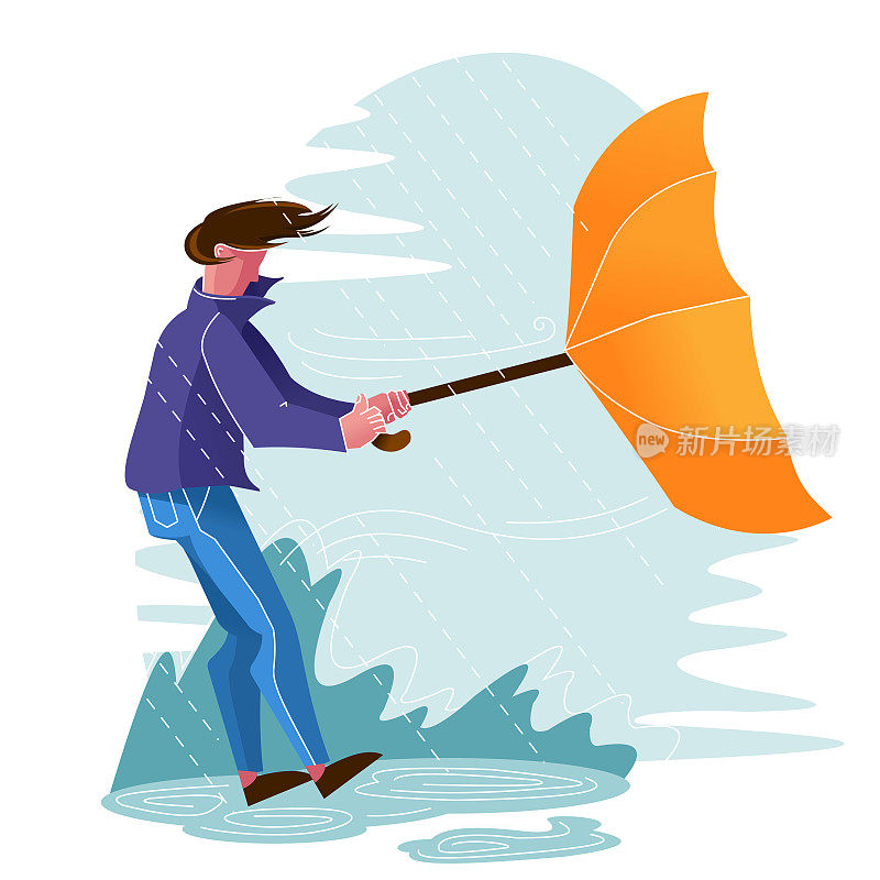 卡通色彩人物人物男性和行走在雨天的概念。向量