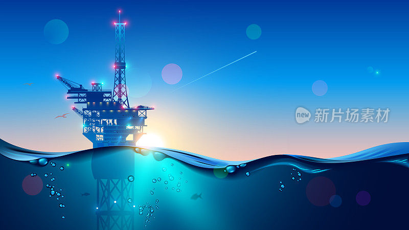 日落时分海上石油或天然气钻井平台。海洋工业钻井平台。水中的气泡和地平线上的日出。水下海洋景观。开采石油。